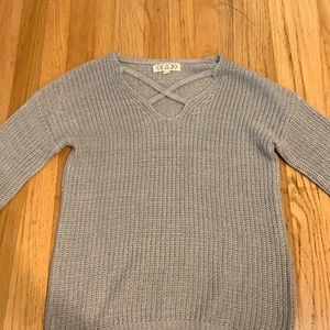 cute knitted gray sweater w/ crossed-style collar